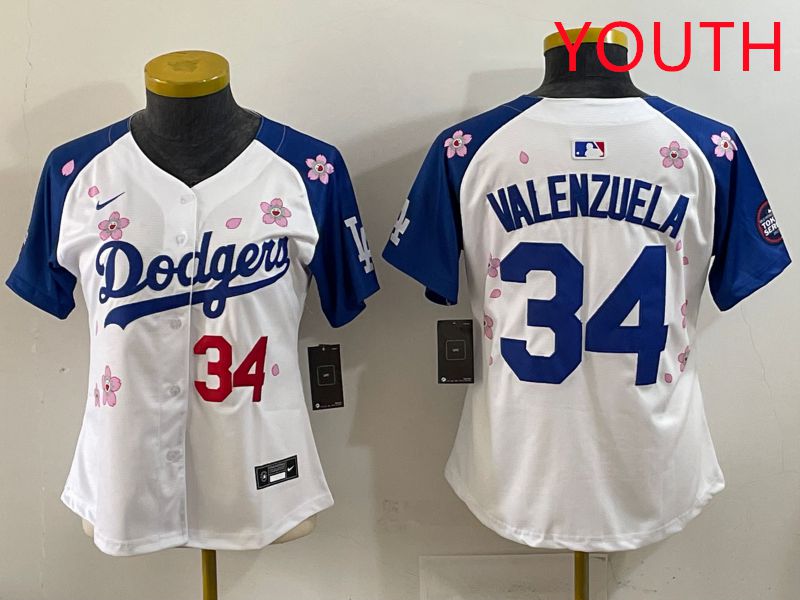 Youth Los Angeles Dodgers #34 Valenzuela White Blue Sakura Edition 2025 Nike MLB Jersey style 32->youth mlb jersey->Youth Jersey